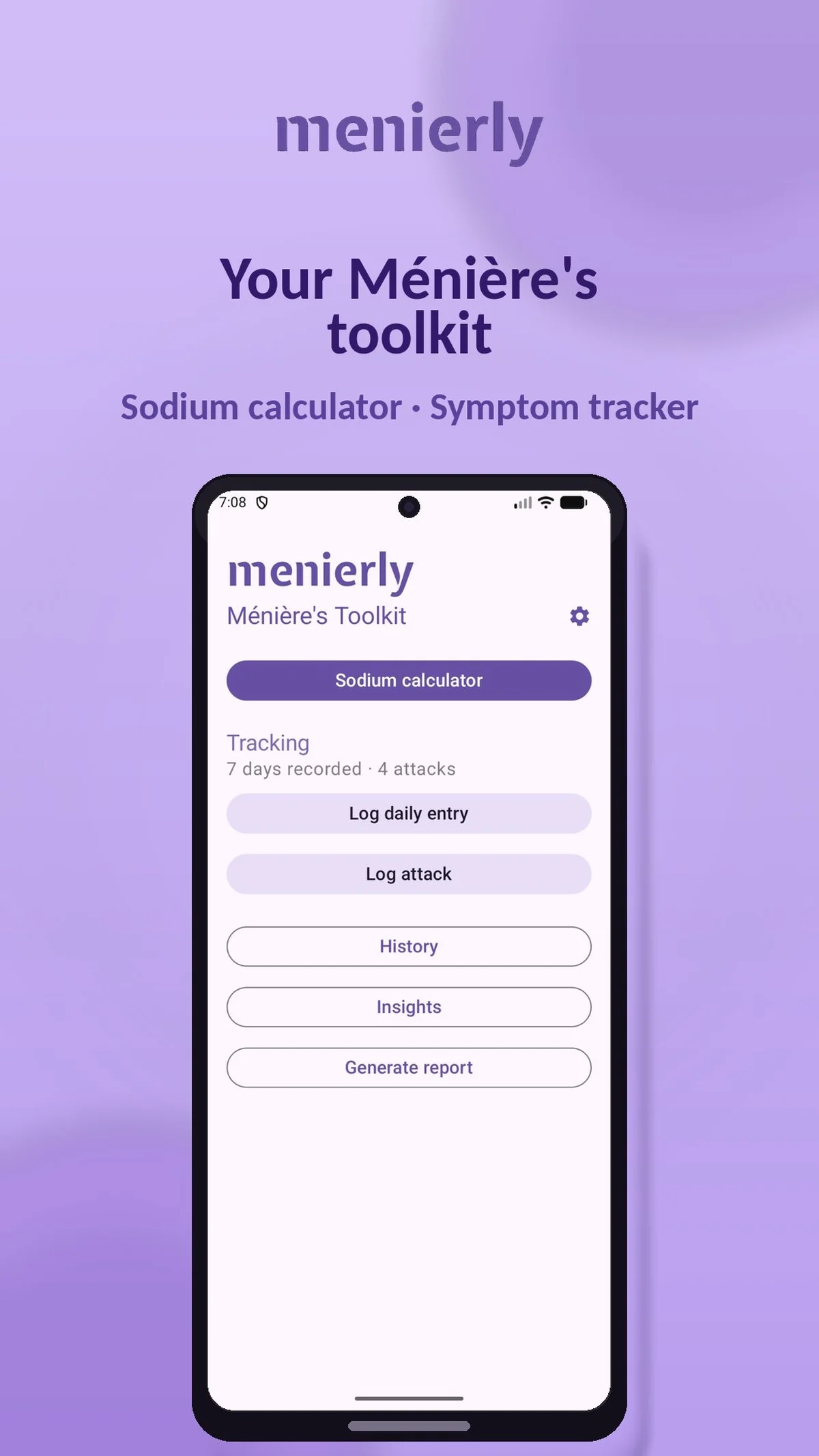 Menierly app home screen